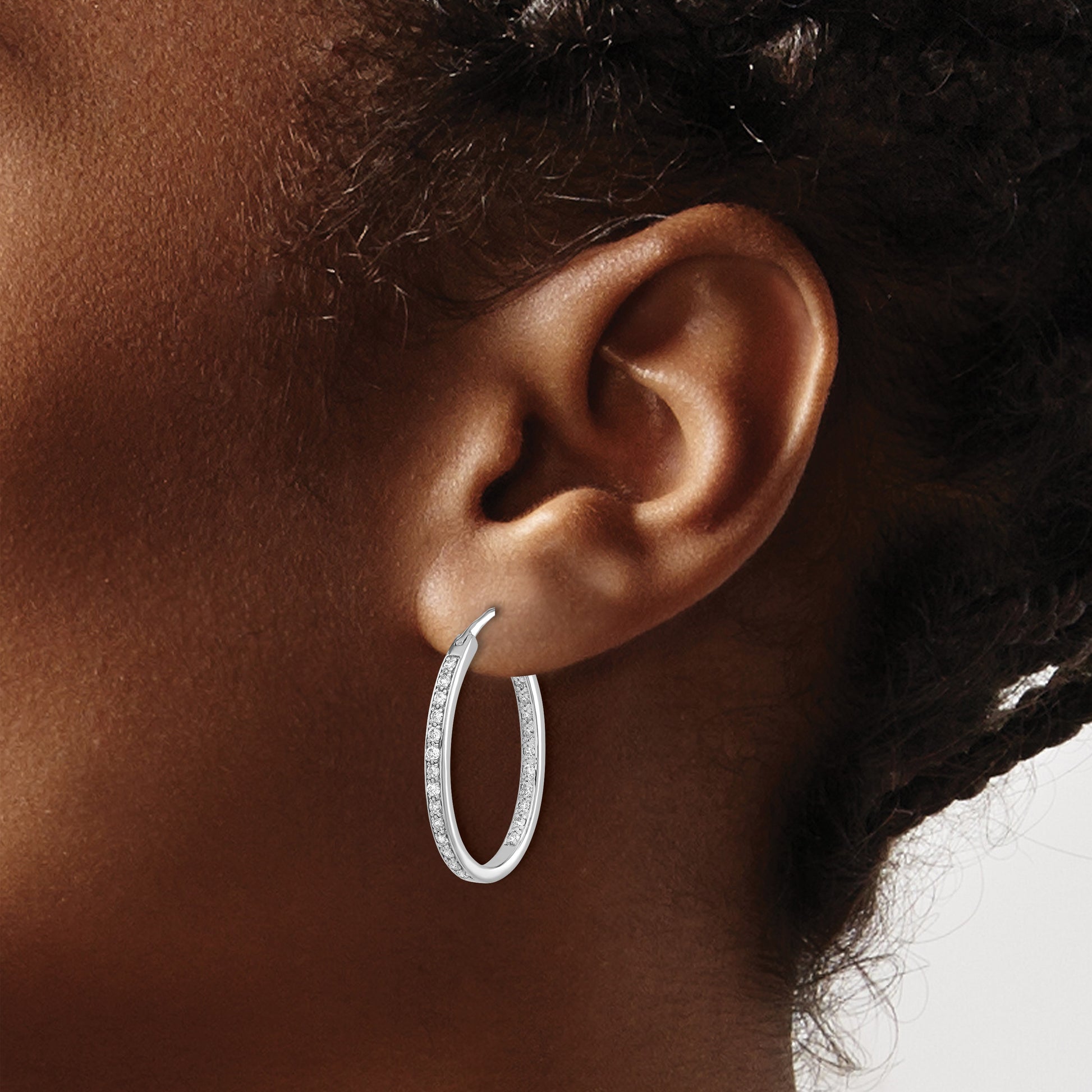14k White Gold 1/2 carat Diamond In/Out Hoop Earrings