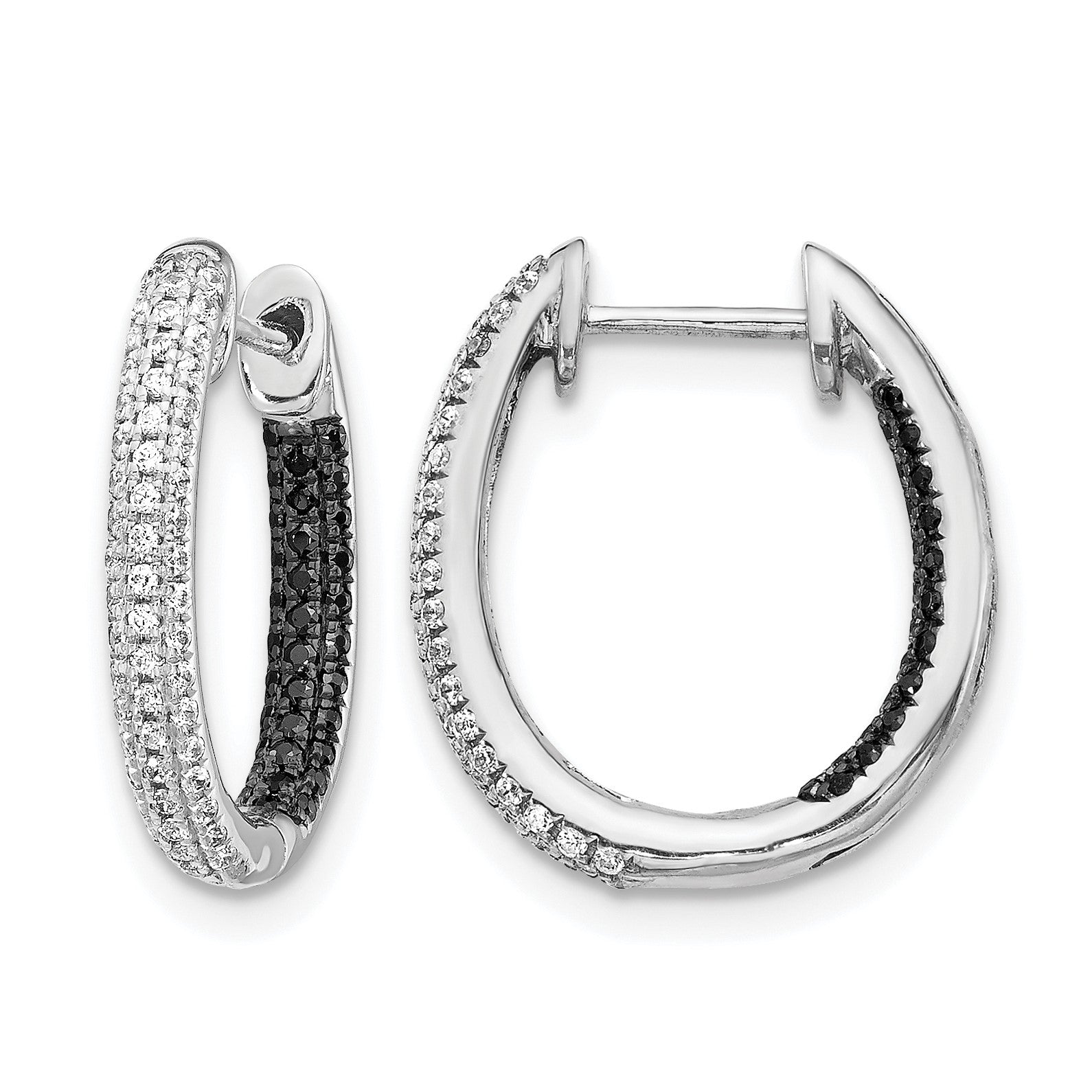14k White Gold 3-row 1/2 carat Black and White Diamond In/Out Hoop Earrings