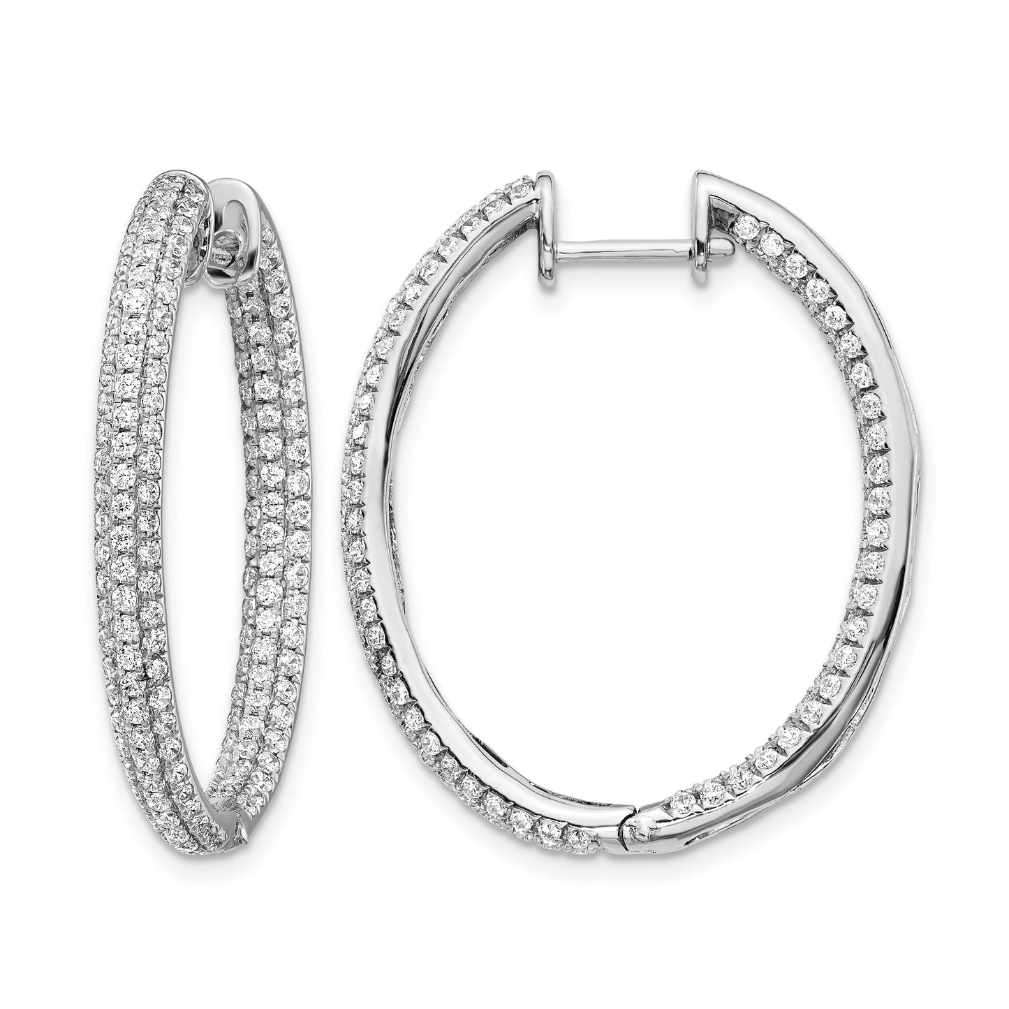 14k White Gold 3-row 2.2 carat Diamond In/Out Hinged Hoop Earrings