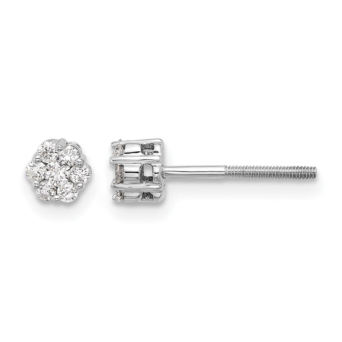 14k White Gold 1/4 carat Diamond Cluster Screwback Post Earrings