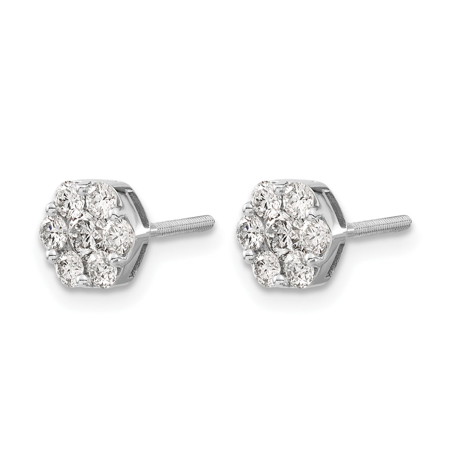14k White Gold 7/8 carat Diamond Cluster Screwback Post Earrings