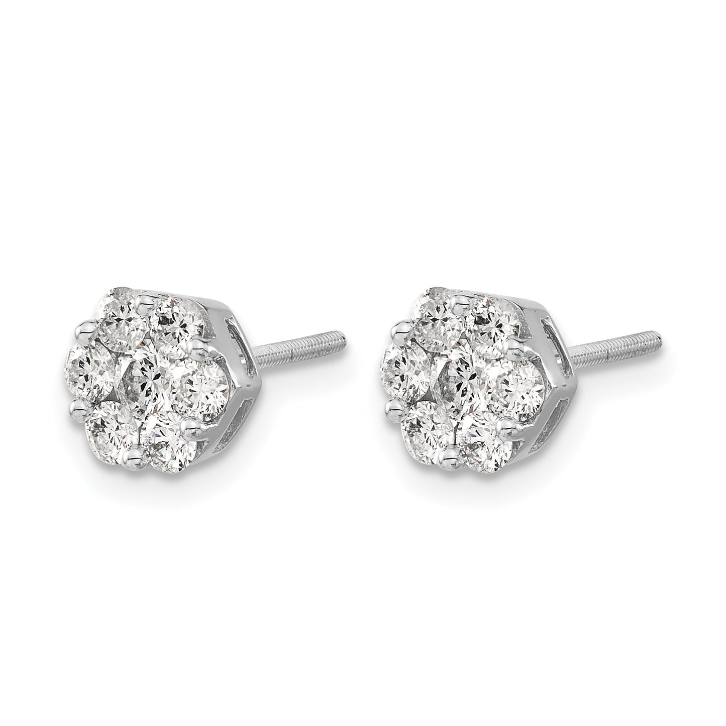 14k White Gold 1.1 carat Diamond Cluster Screwback Post Earrings
