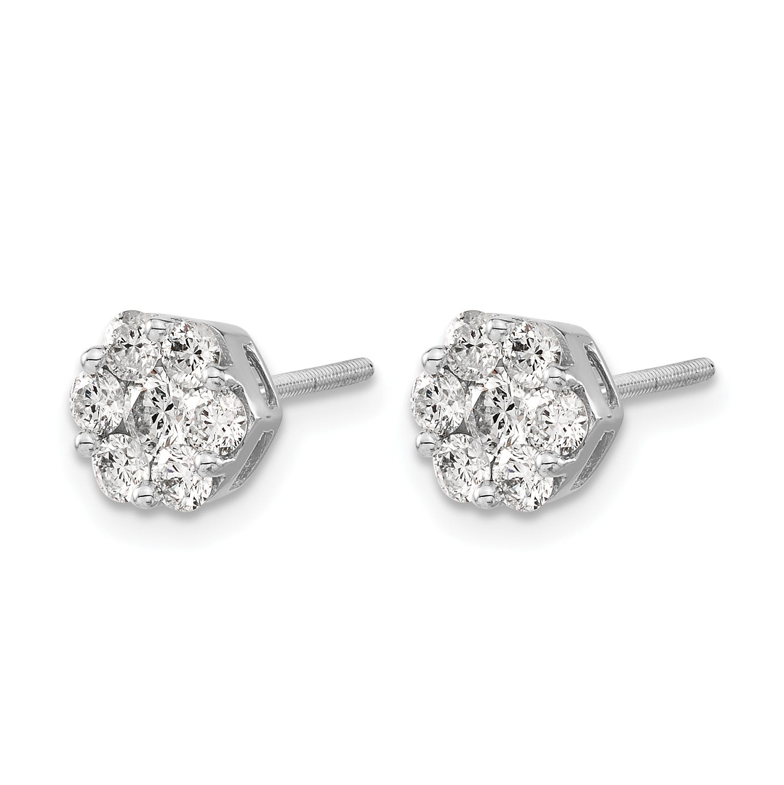14k White Gold 1.1 carat Diamond Cluster Screwback Post Earrings