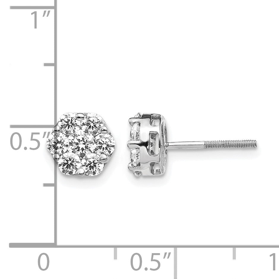 14k White Gold 1.1 carat Diamond Cluster Screwback Post Earrings