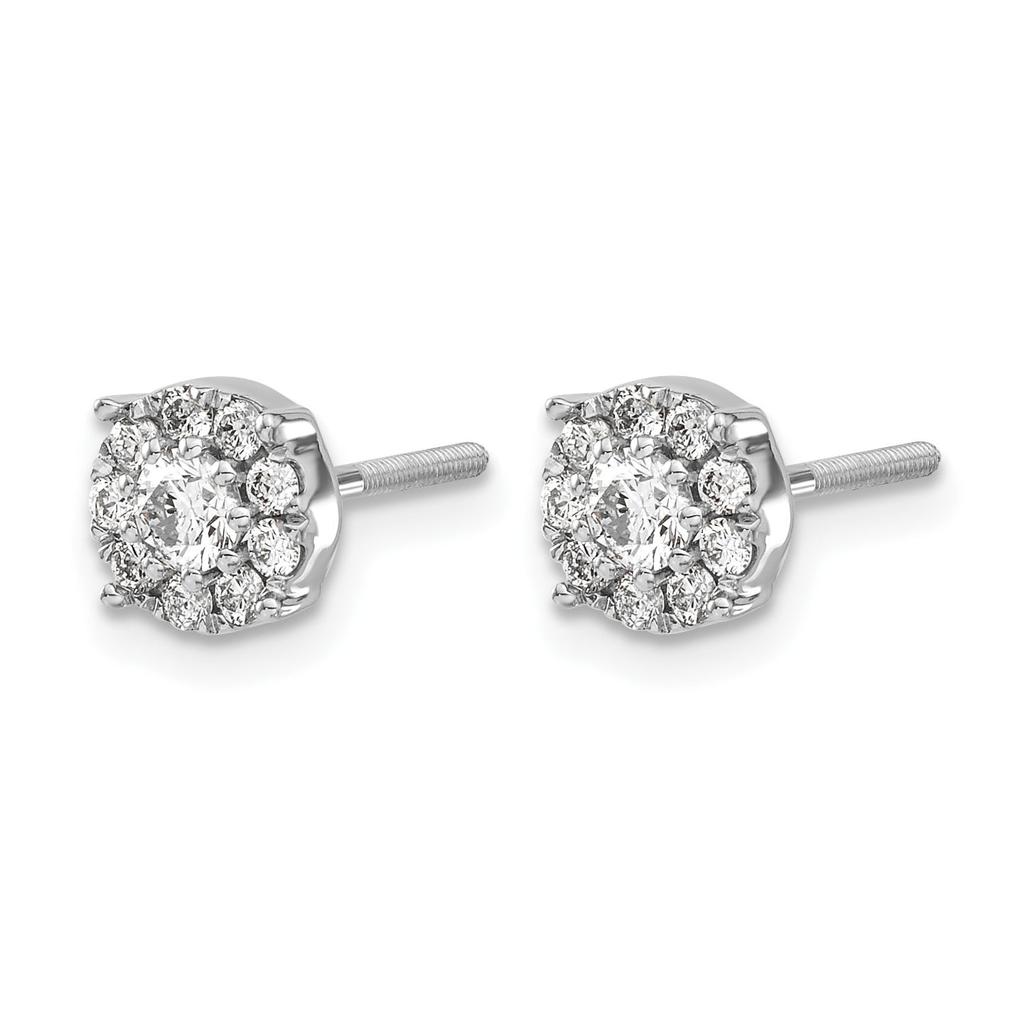 14k White Gold 1/2 carat Diamond Halo Cluster Screwback Post Earrings
