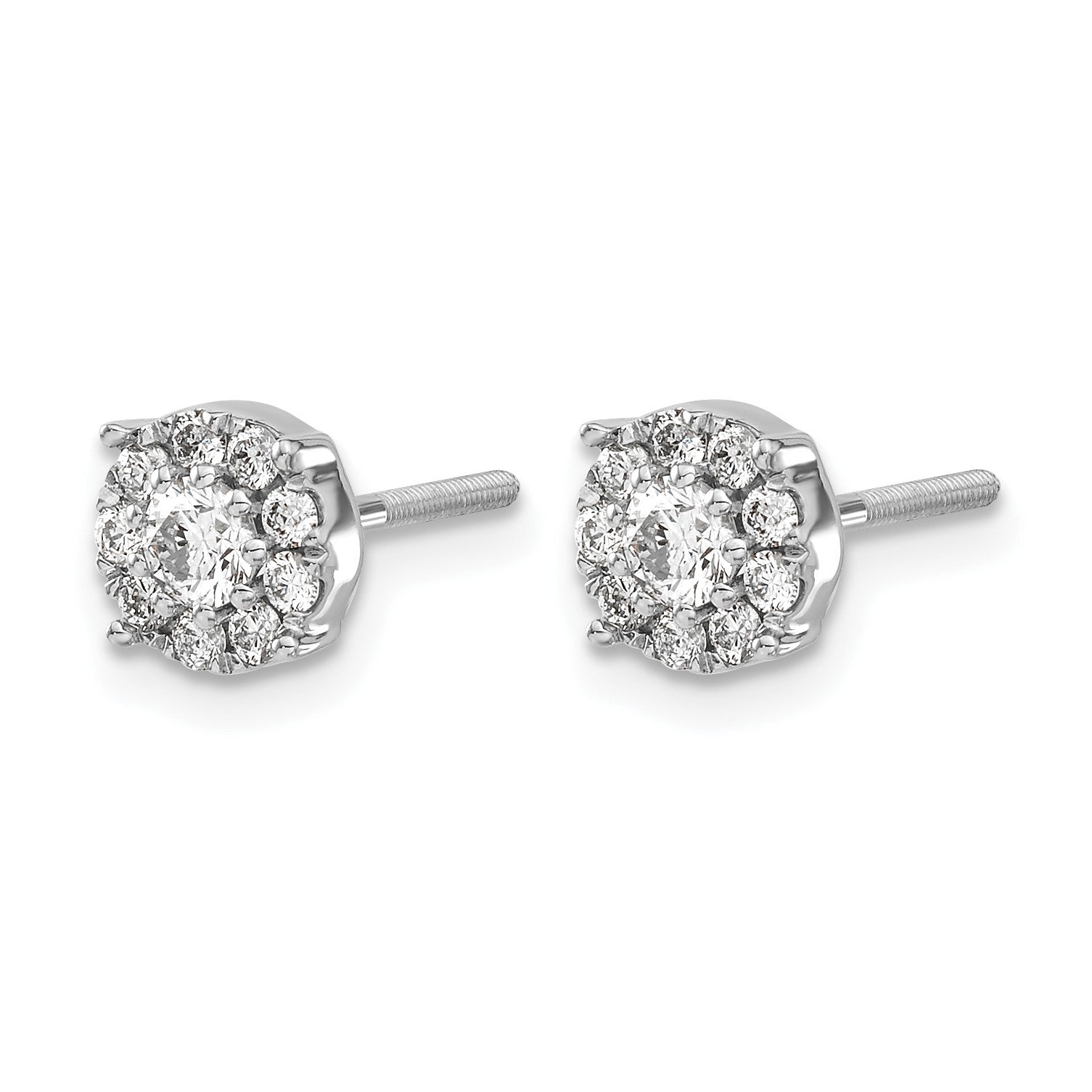 14k White Gold 1/2 carat Diamond Halo Cluster Screwback Post Earrings