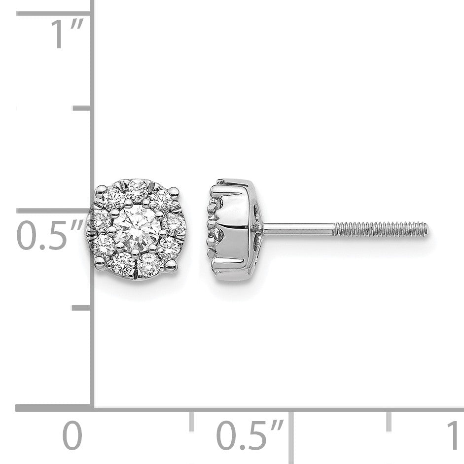 14k White Gold 1/2 carat Diamond Halo Cluster Screwback Post Earrings