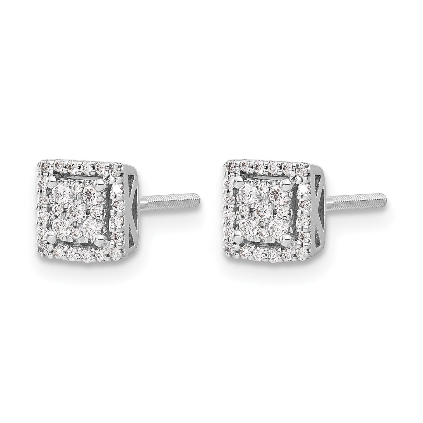 14k White Gold 1/4 carat Diamond Cluster Square Screwback Post Earrings
