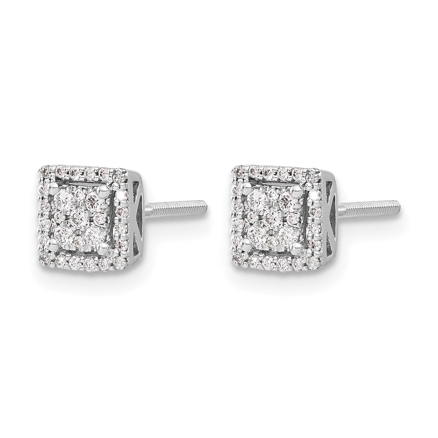 14k White Gold 1/4 carat Diamond Cluster Square Screwback Post Earrings