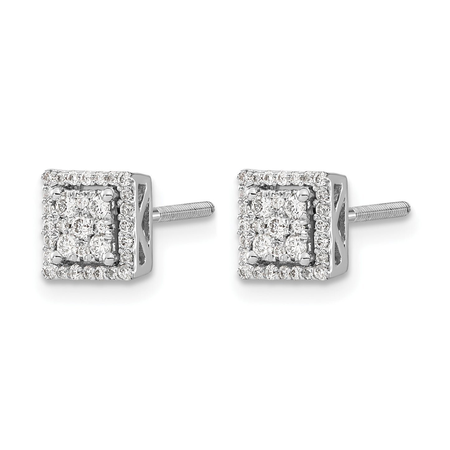 14k White Gold 1/3 carat Diamond Cluster Square Screwback Post Earrings