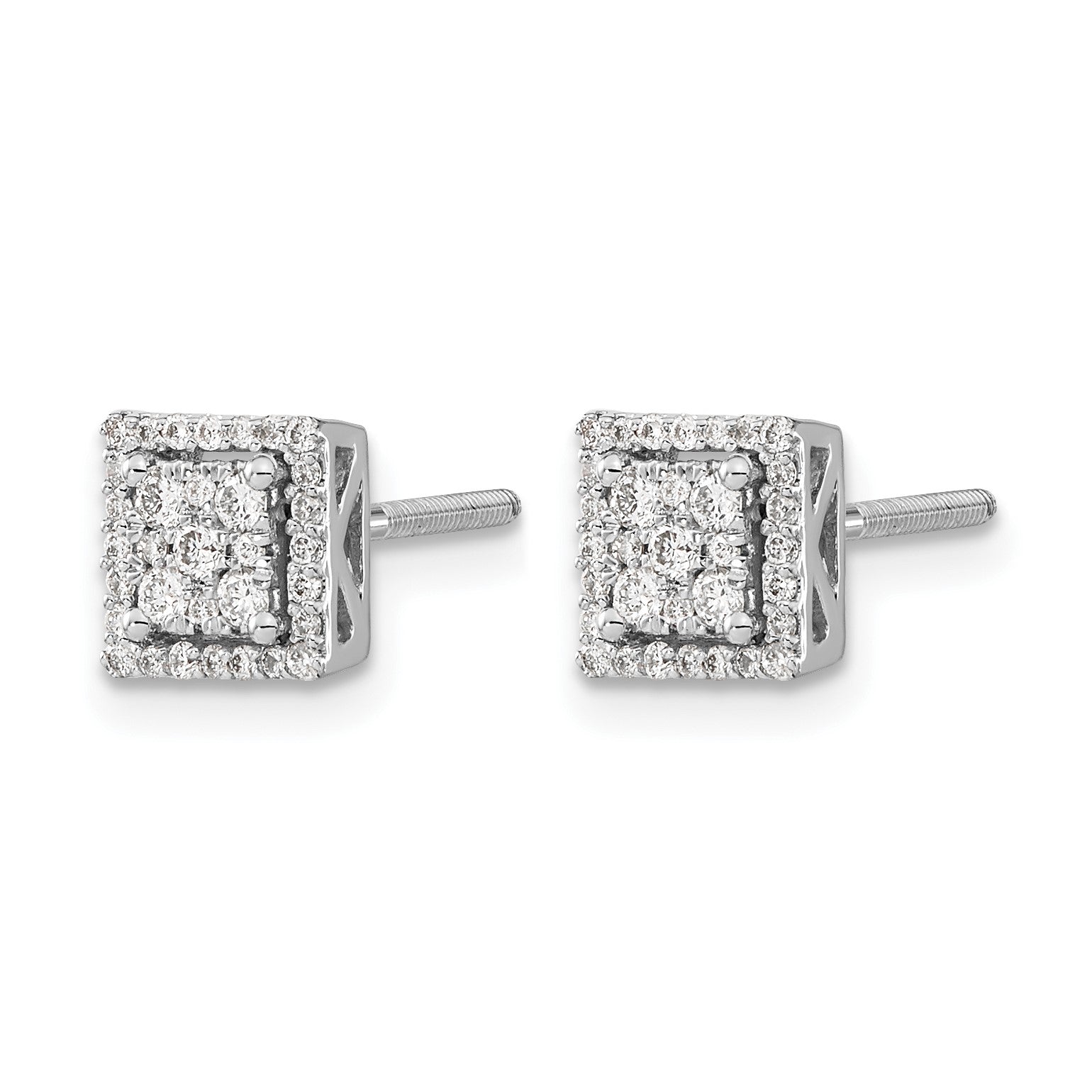 14k White Gold 1/3 carat Diamond Cluster Square Screwback Post Earrings