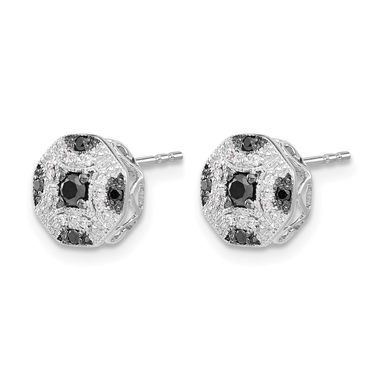 14k White Gold Fancy 1/4 carat White and Black Diamond Octagon Post Earrings