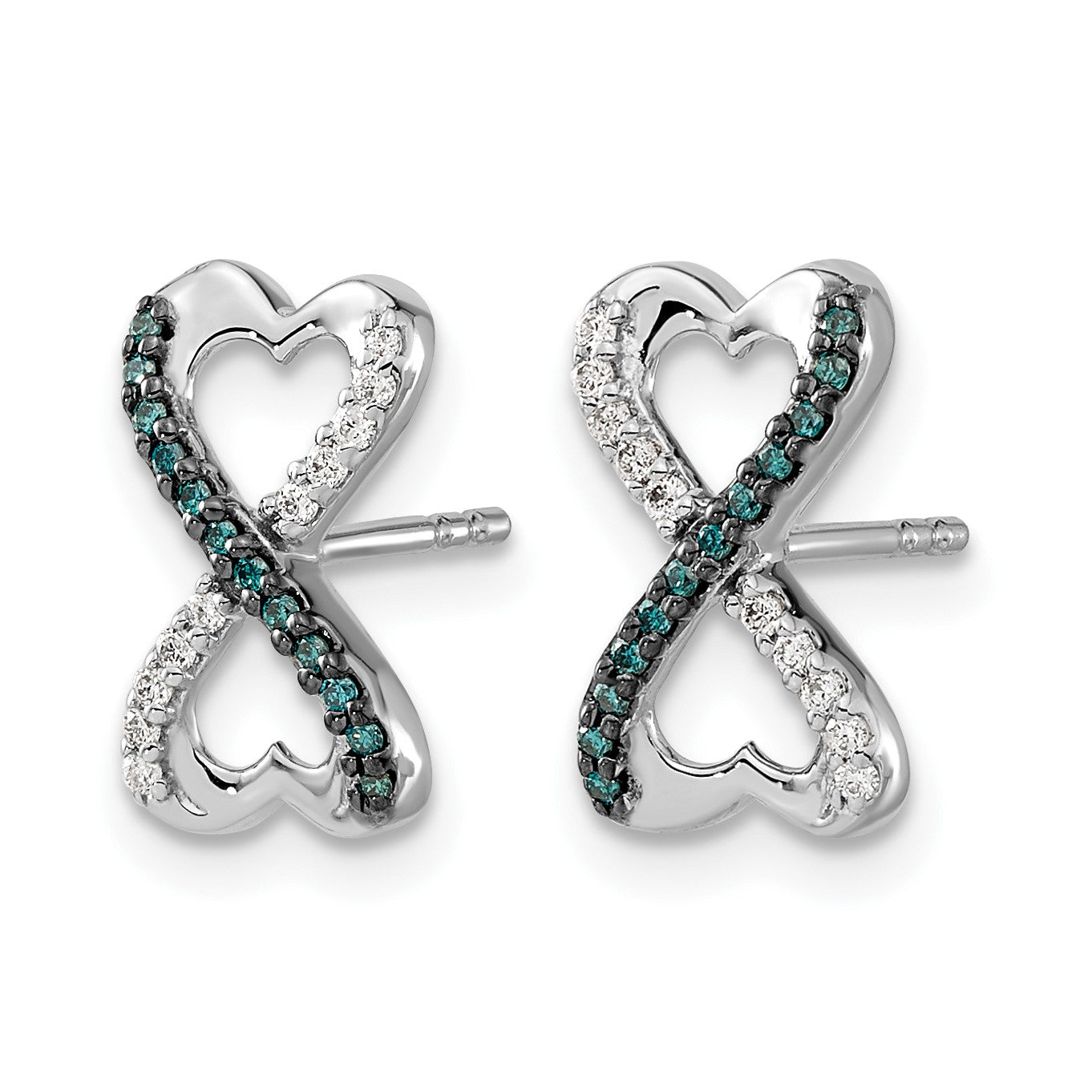 14k White Gold 1/6 carat Blue and White Diamond Infinity Heart Post Earrings