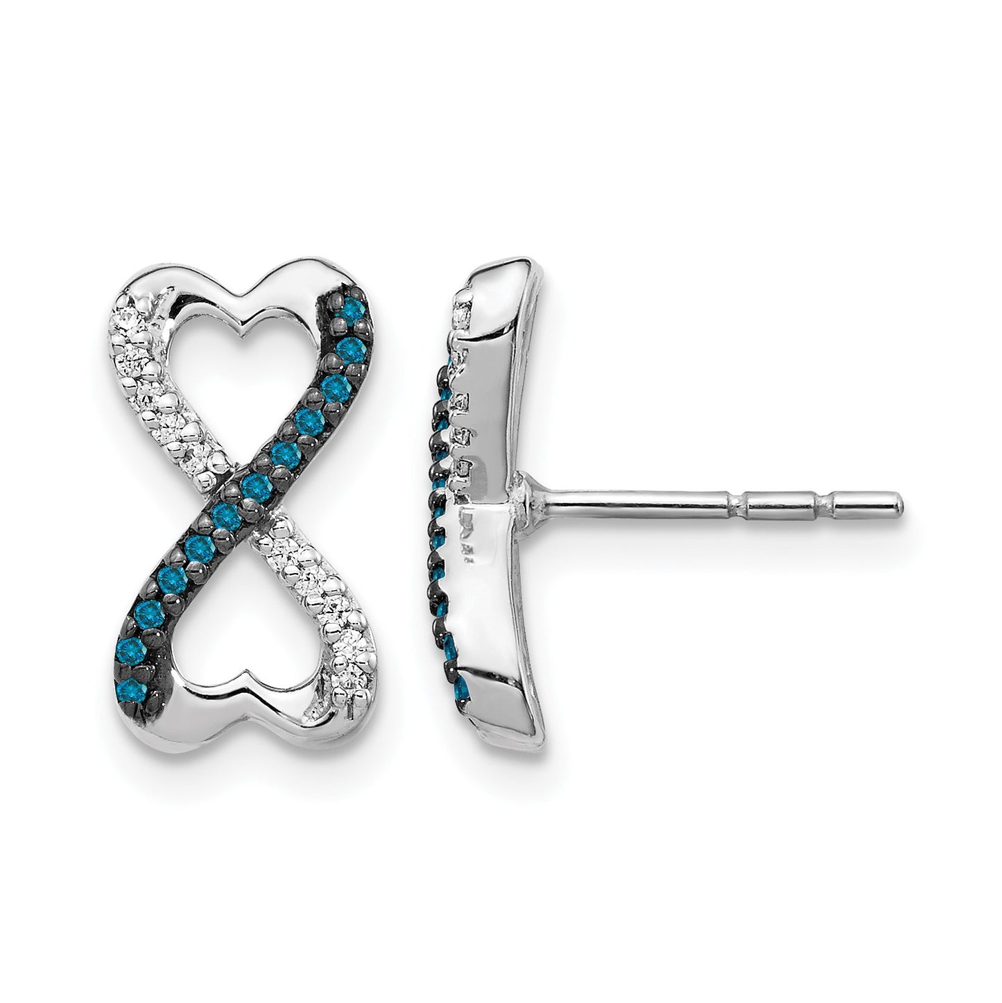 14k White Gold 1/6 carat Blue and White Diamond Infinity Heart Post Earrings