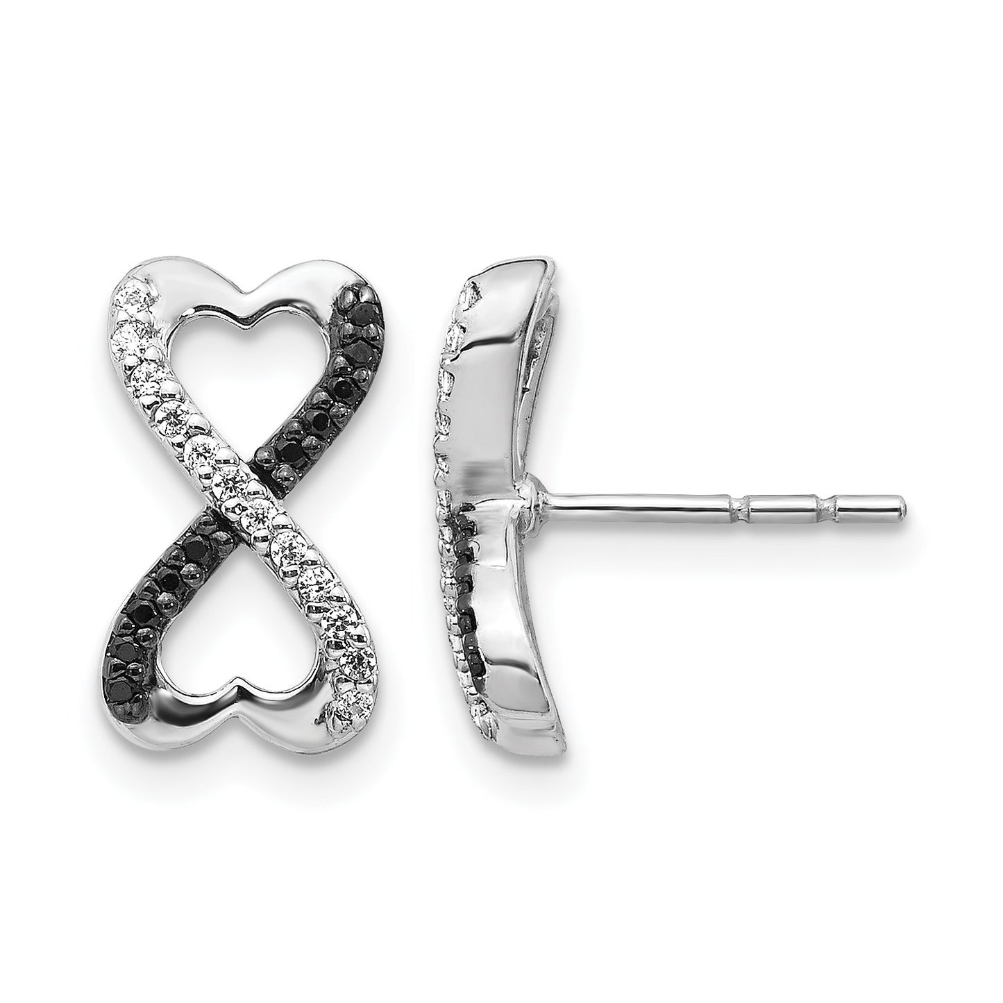14k White Gold 1/6 carat Black and White Diamond Infinity Heart Post Earrings