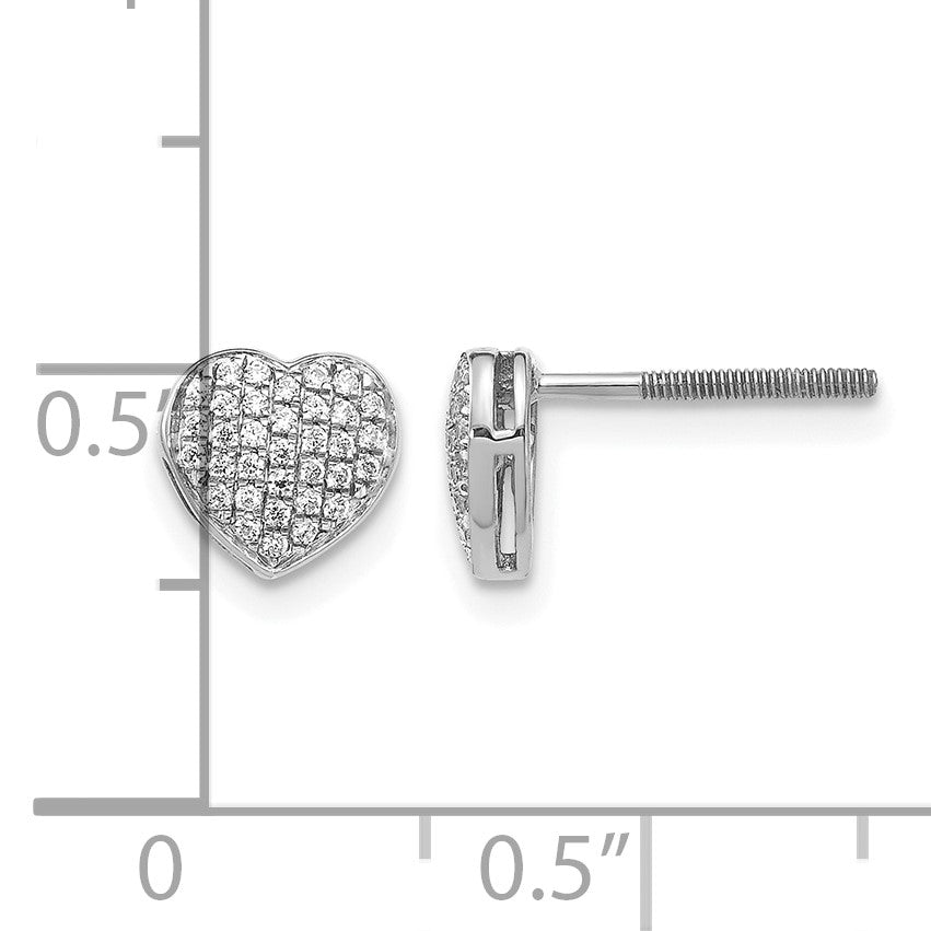 14k White Gold 1/5 carat Diamond Pave Heart Screwback Post Earrings