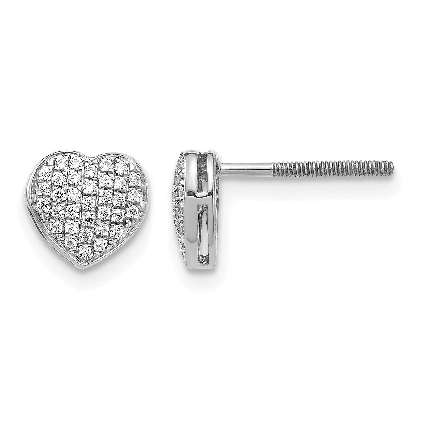 14k White Gold 1/5 carat Diamond Pave Heart Screwback Post Earrings