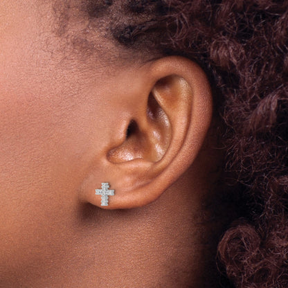 14k White Gold Polished 1/10 carat Diamond Small Cross Post Earrings