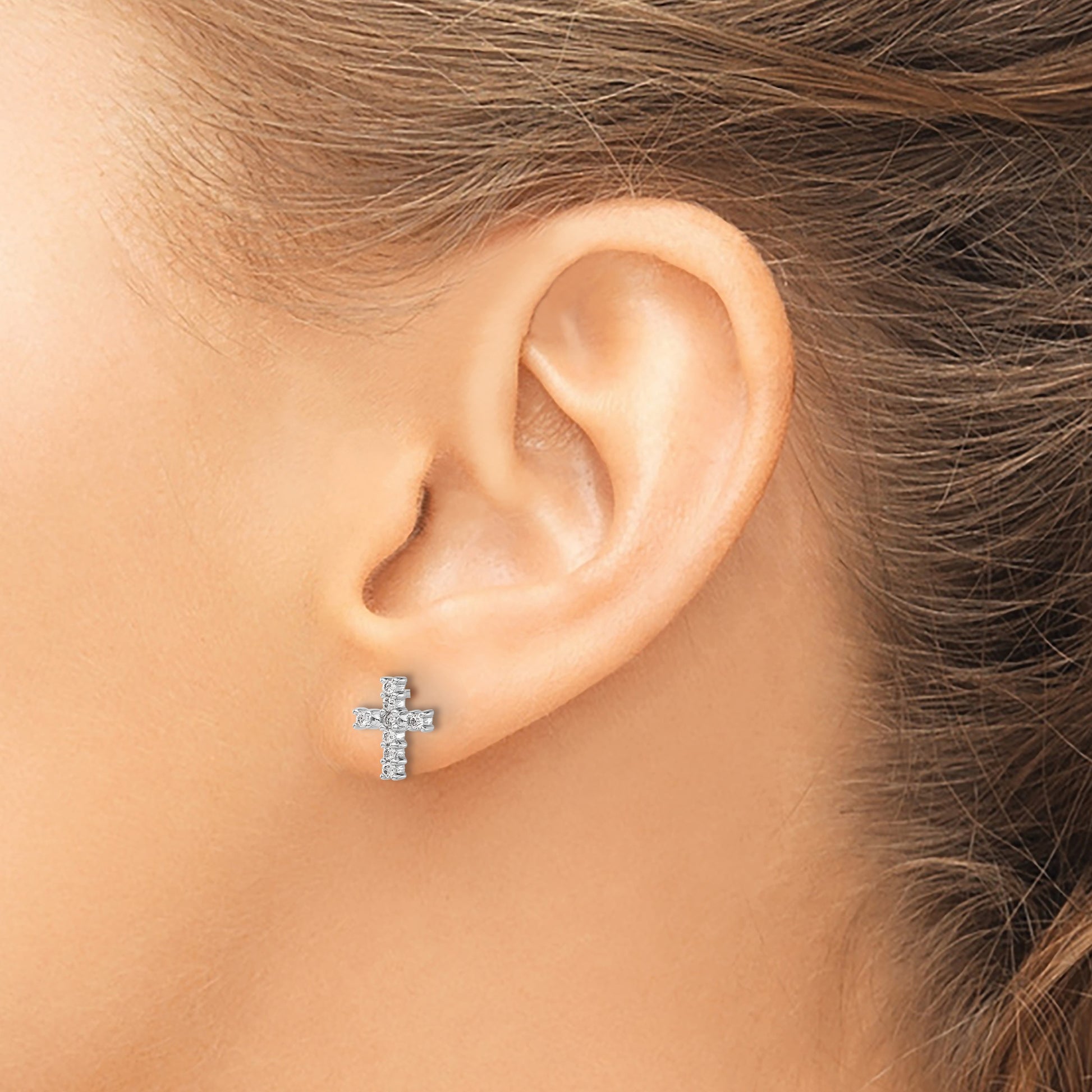 14k White Gold Polished 1/5 carat Diamond Cross Post Earrings