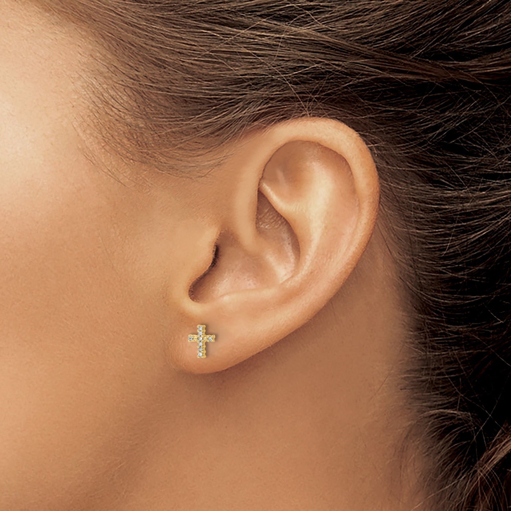14k and White Rhodium 1/20 carat Diamond Small Cross Post Earrings