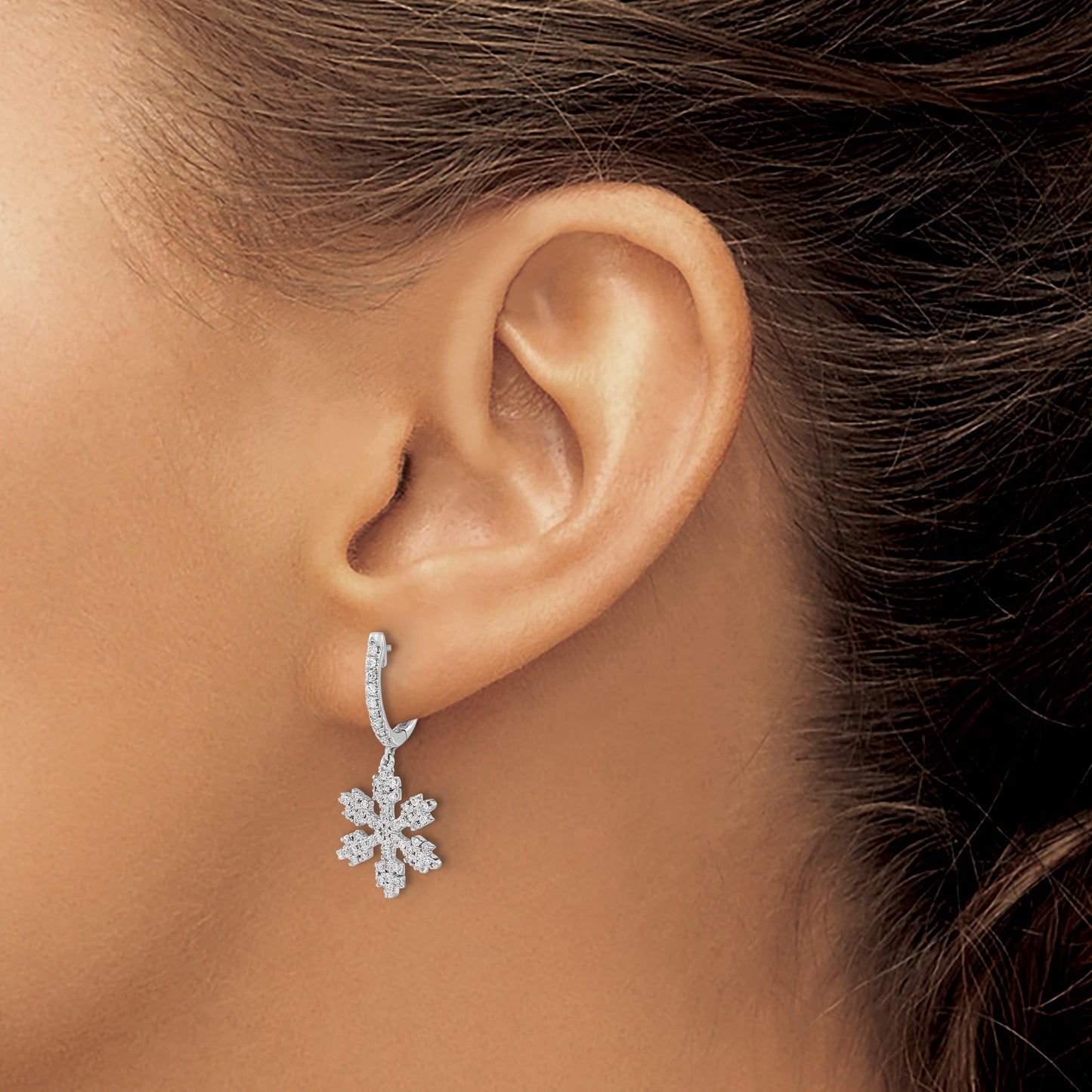 14k White Gold 1/2 carat Diamond Snowflake Dangle Hinged Hoop Earrings