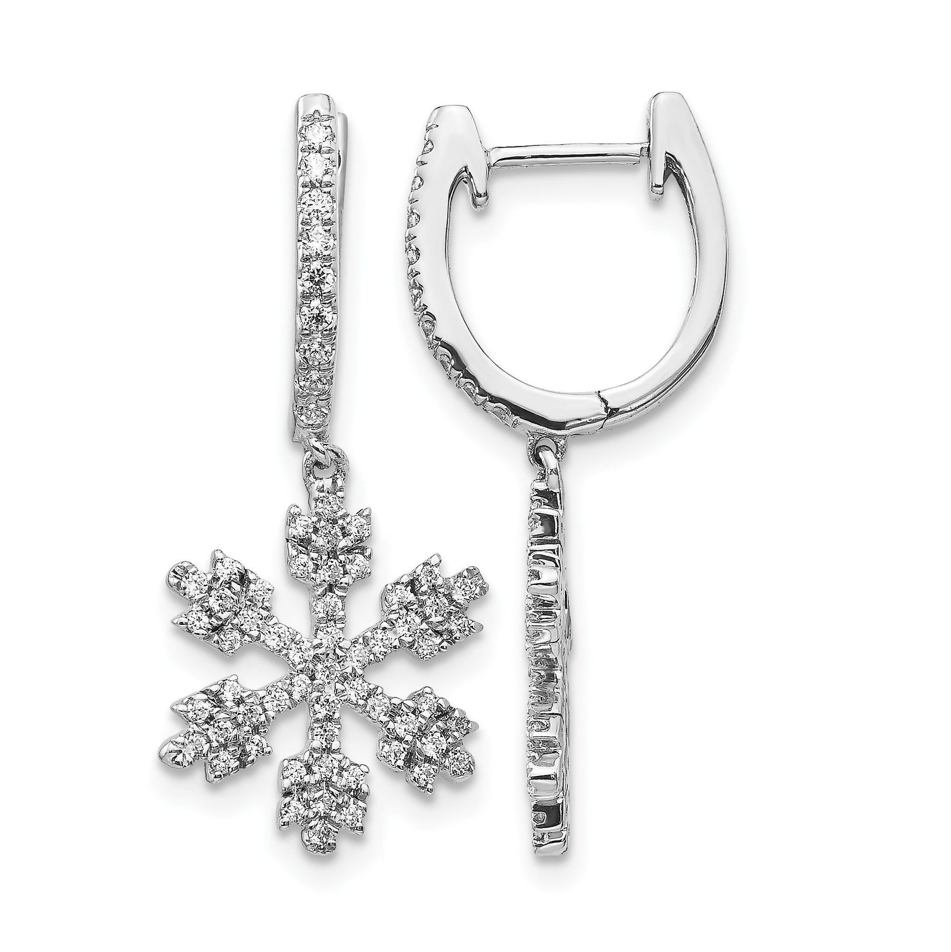 14k White Gold 1/2 carat Diamond Snowflake Dangle Hinged Hoop Earrings
