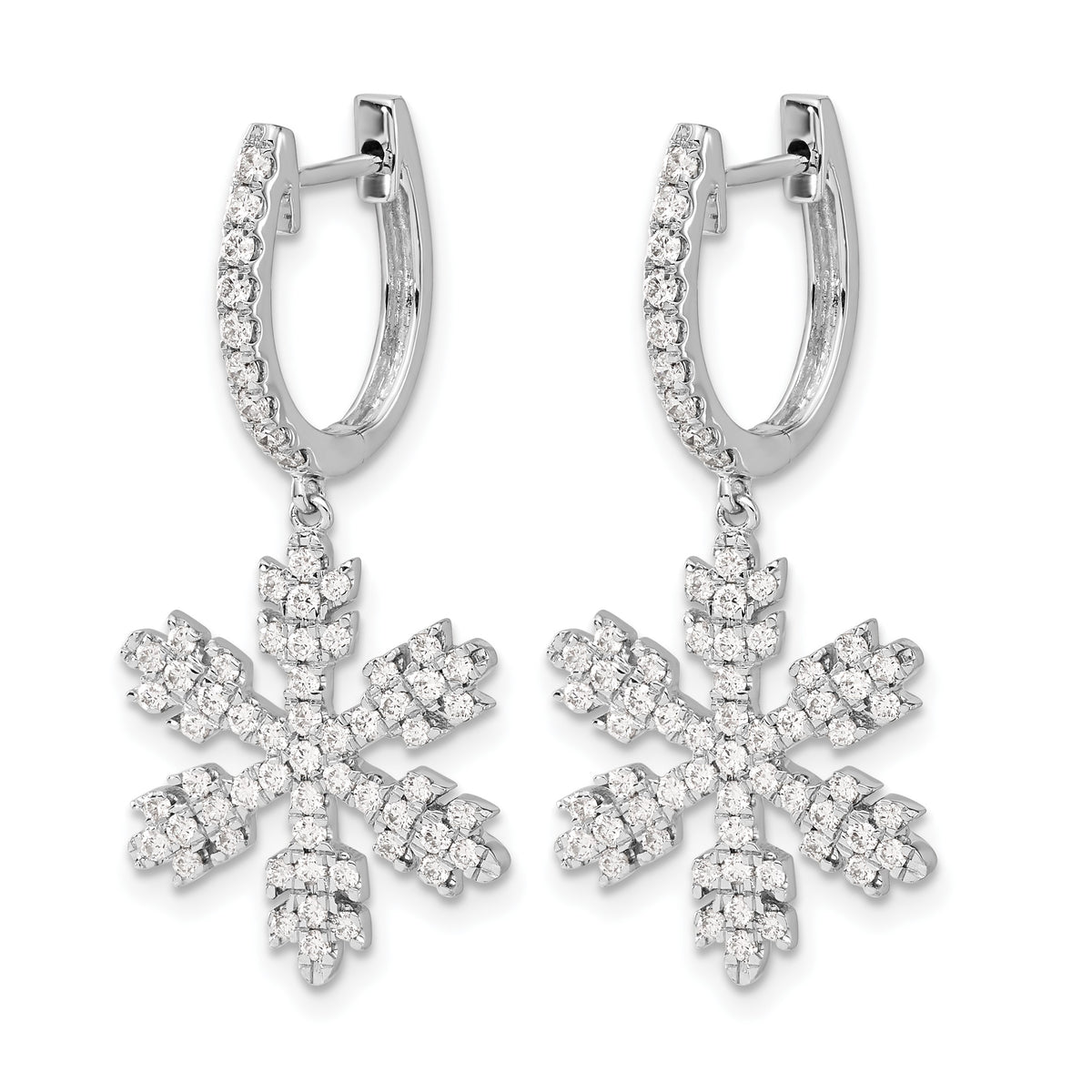 14k White Gold 1 carat Diamond Snowflake Dangle Hinged Hoop Earrings