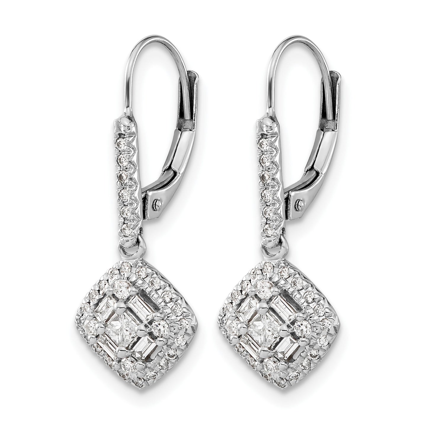14k White Gold 1/2 carat Diamond Square Cluster Leverback Earrings
