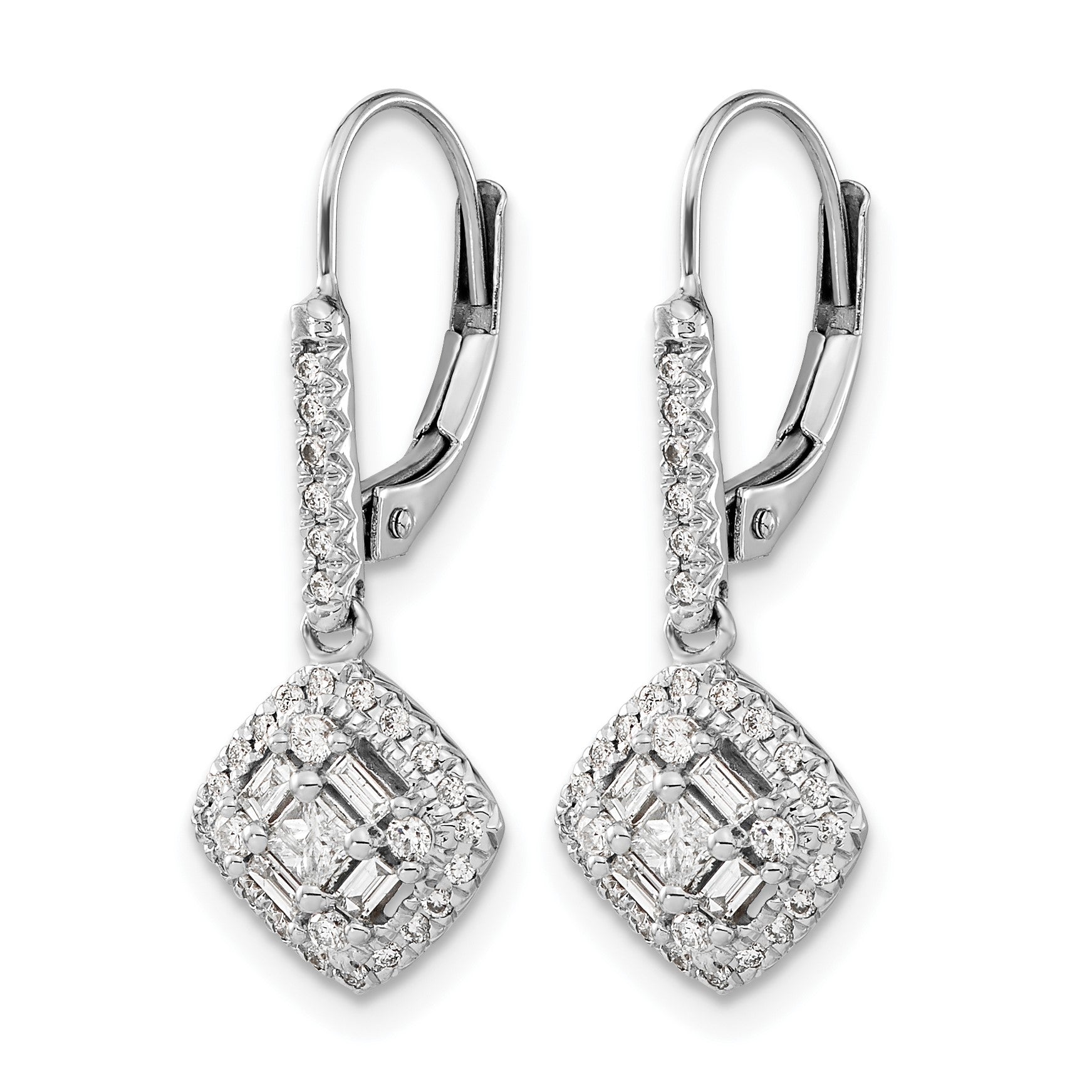 14k White Gold 1/2 carat Diamond Square Cluster Leverback Earrings