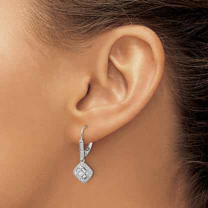 14k White Gold 1/2 carat Diamond Square Cluster Leverback Earrings