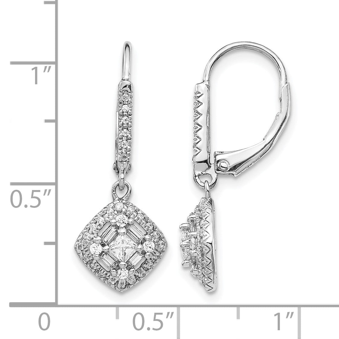 14k White Gold 1/2 carat Diamond Square Cluster Leverback Earrings