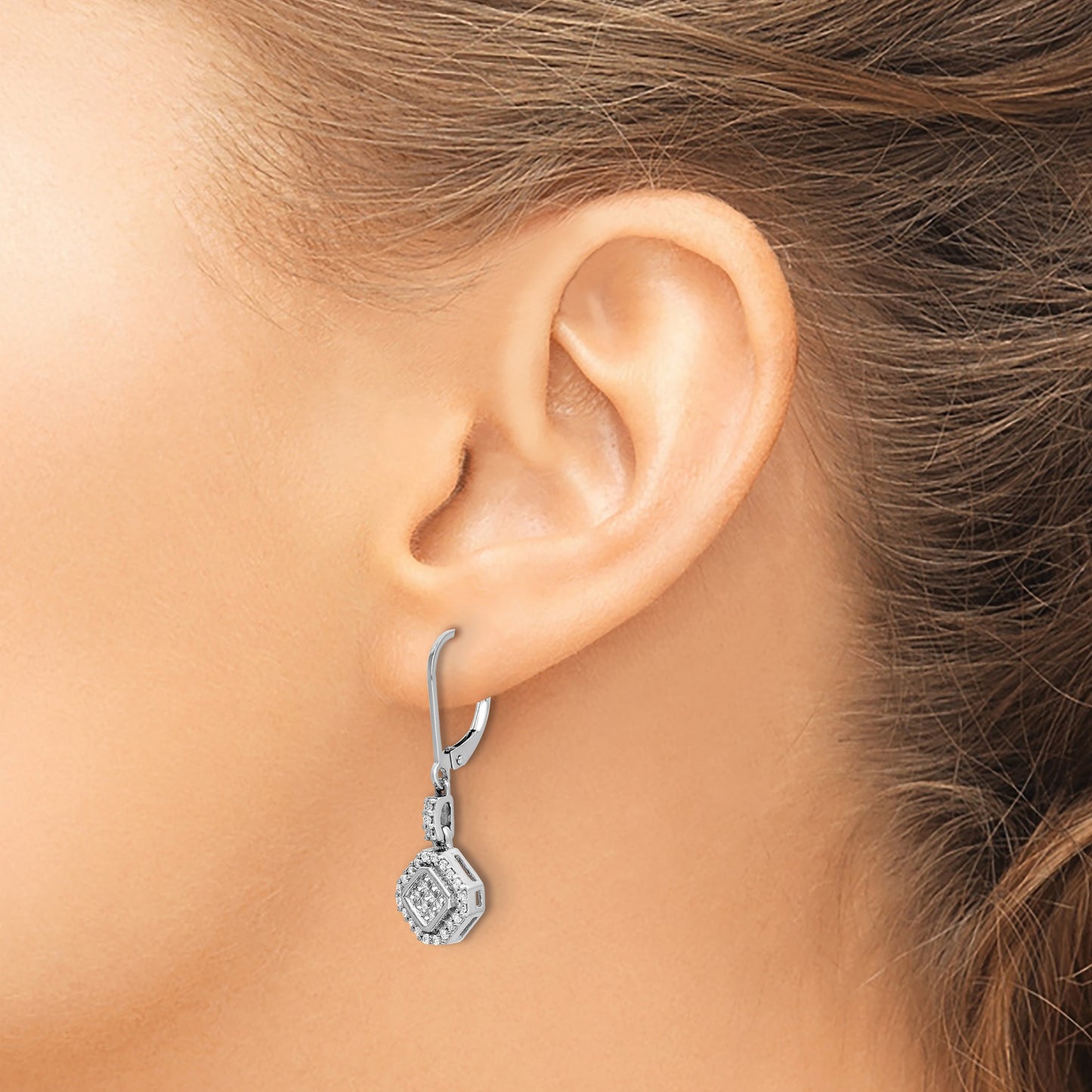 14k White Gold 1/2 carat Diamond Square Cluster Leverback Earrings