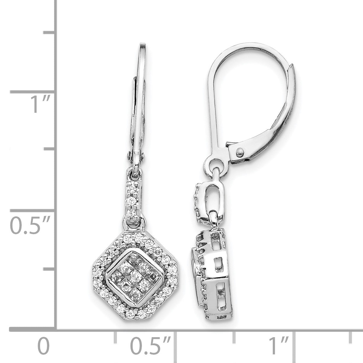 14k White Gold 1/2 carat Diamond Square Cluster Leverback Earrings