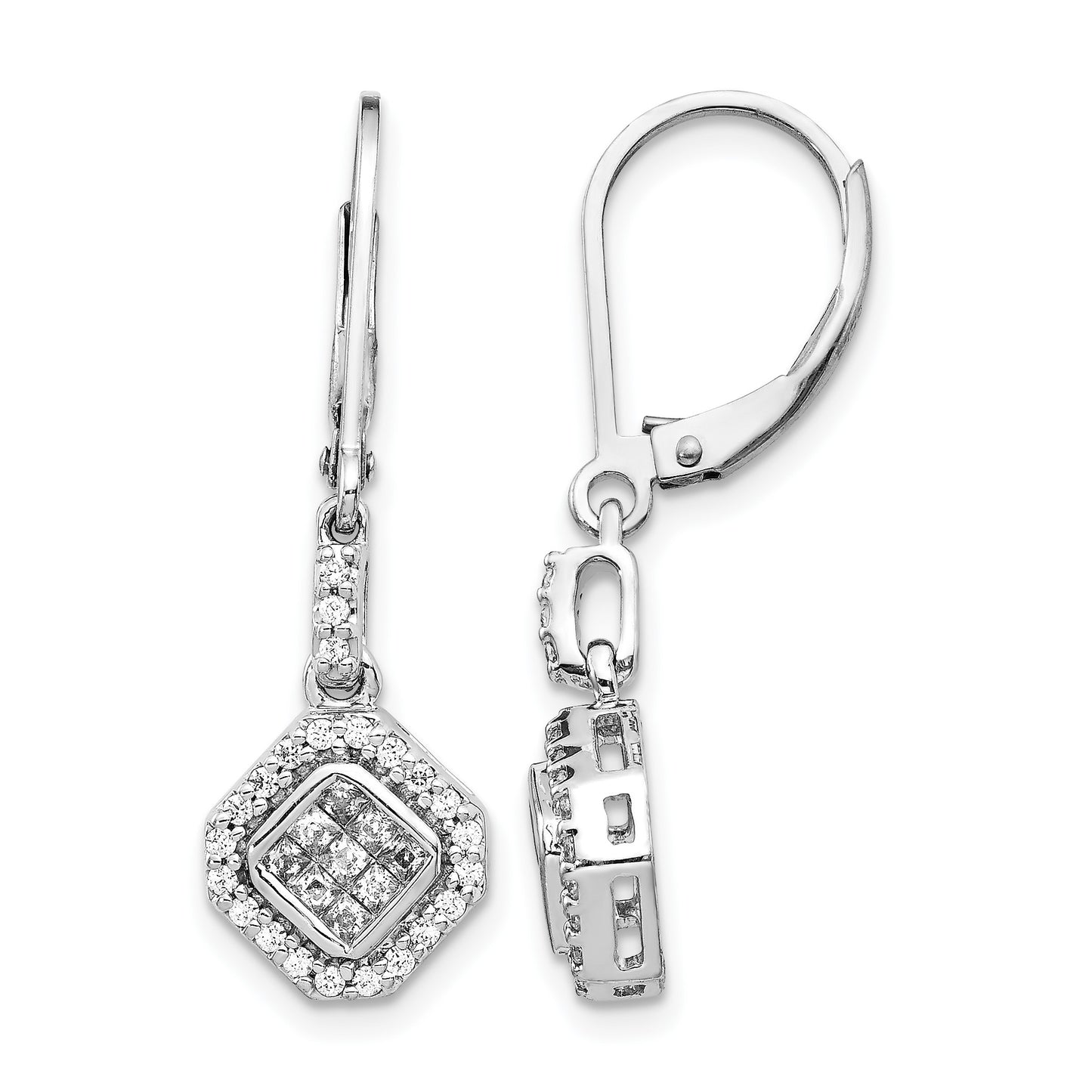 14k White Gold 1/2 carat Diamond Square Cluster Leverback Earrings