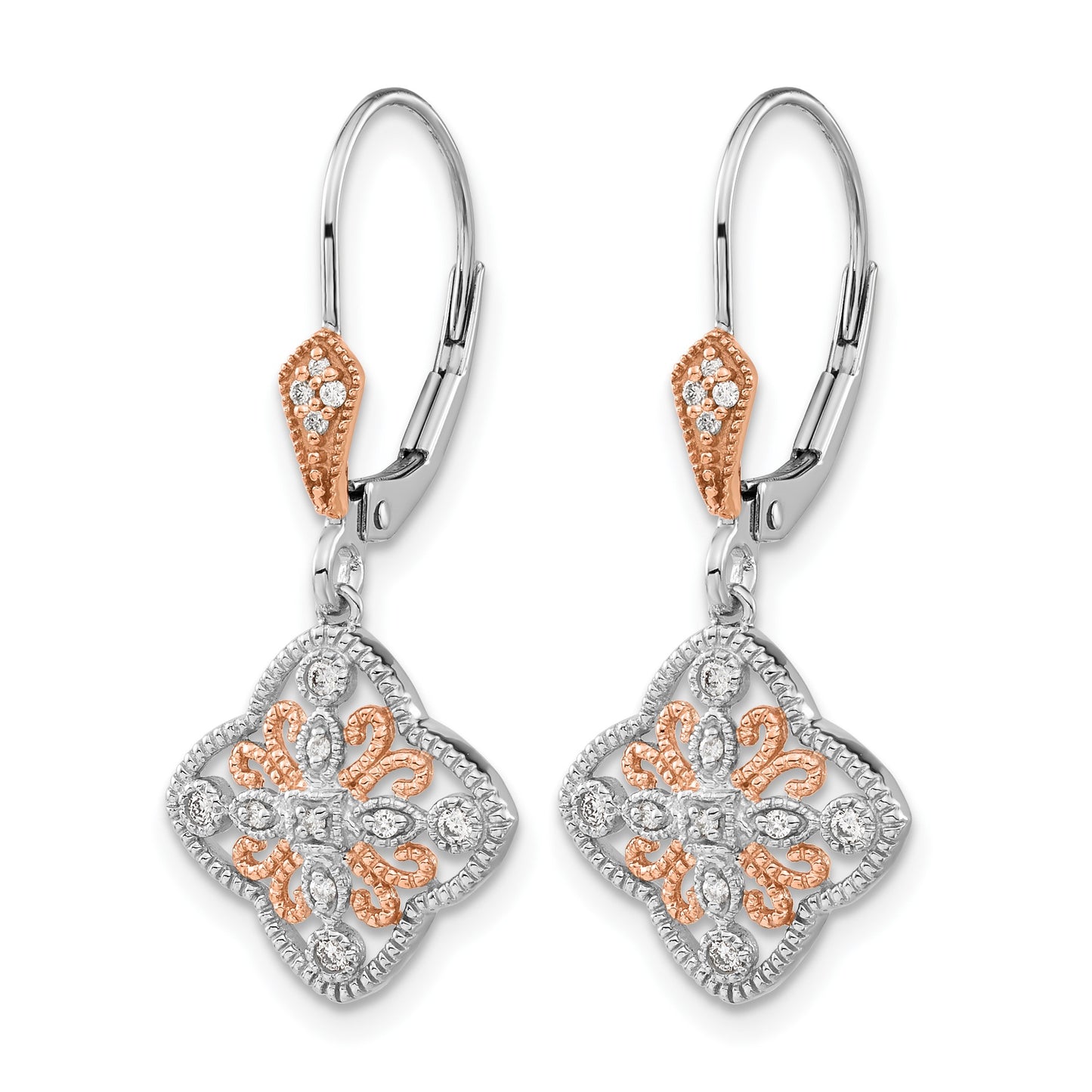 14k White Gold with Rose Rhodium 1/8 carat Diamond Leverback Earrings