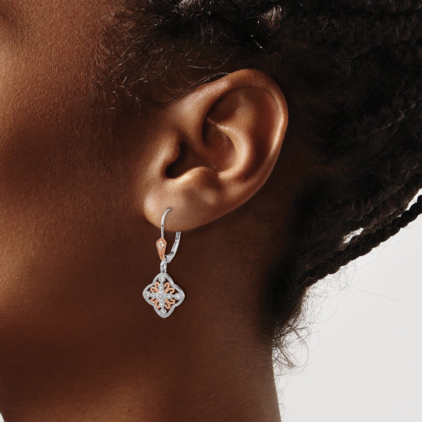 14k White Gold with Rose Rhodium 1/8 carat Diamond Leverback Earrings