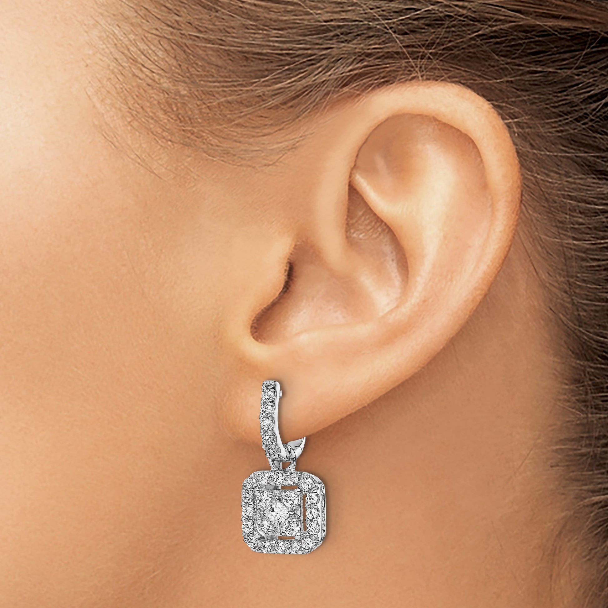 14k White Gold 7/8 carat Diamond Square Cluster Dangle Hinged Earrings