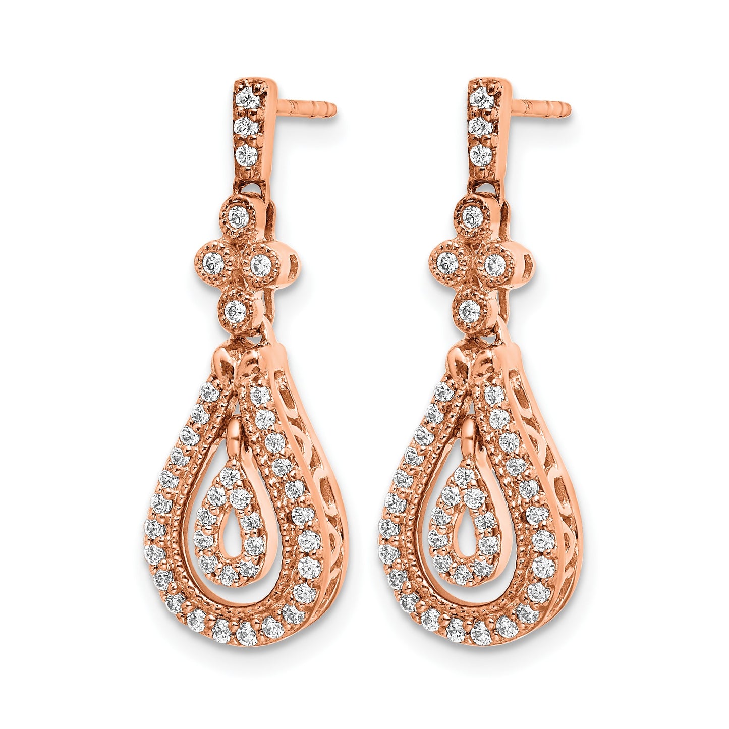 14k Rose Gold Polished 3/8 carat Diamond Teardrop Dangle Post Earrings