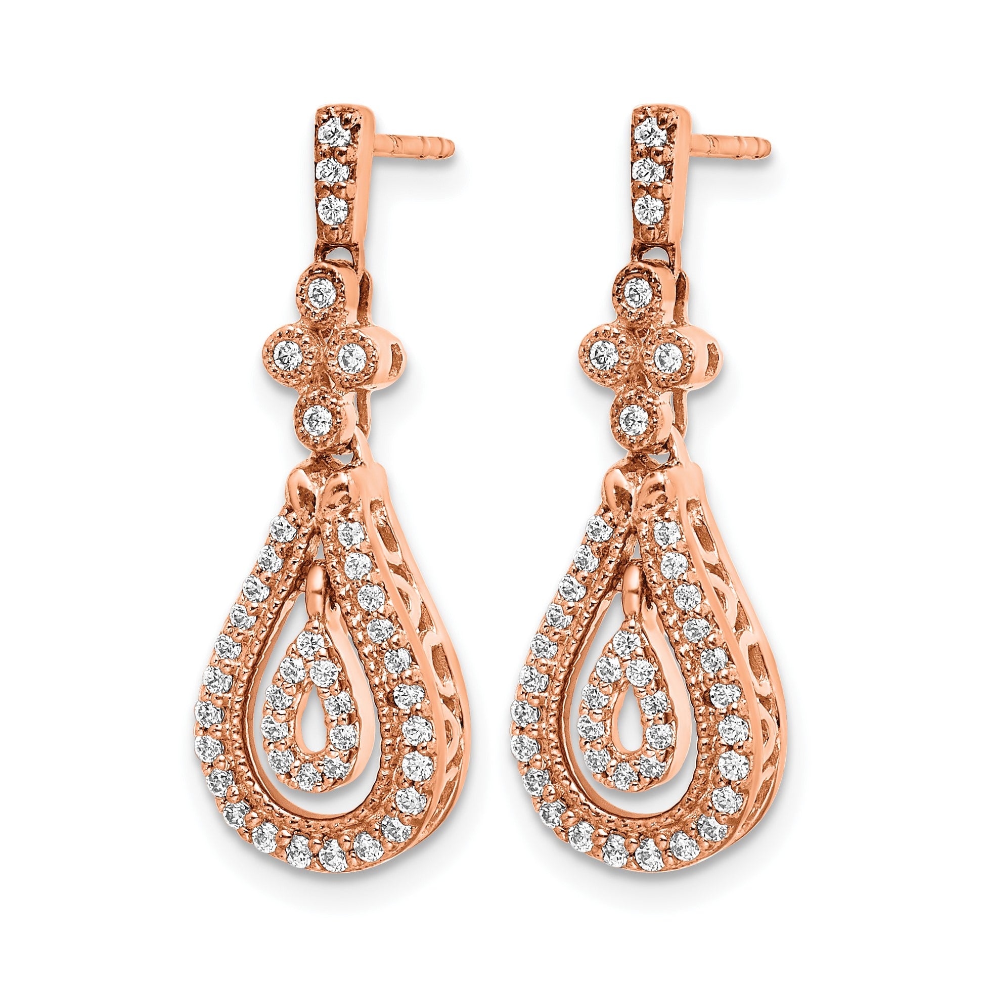 14k Rose Gold Polished 3/8 carat Diamond Teardrop Dangle Post Earrings