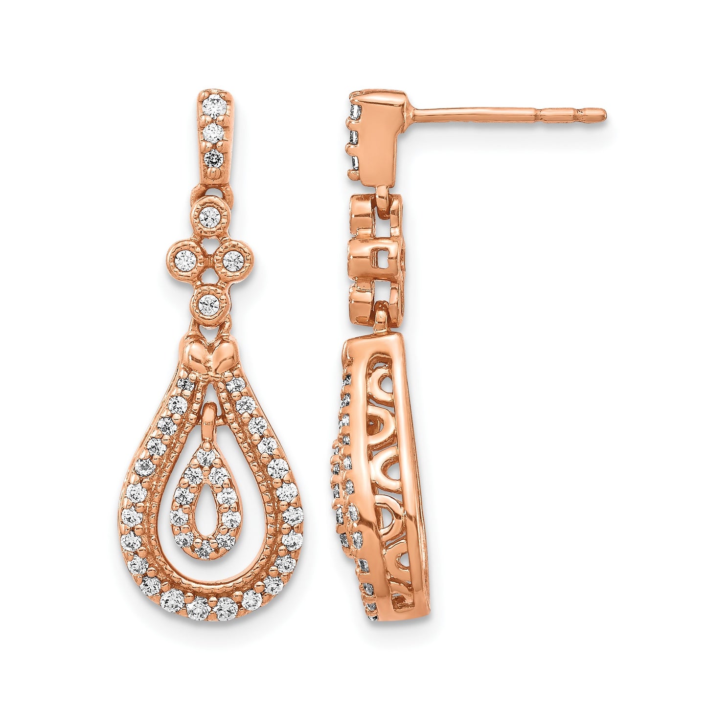 14k Rose Gold Polished 3/8 carat Diamond Teardrop Dangle Post Earrings
