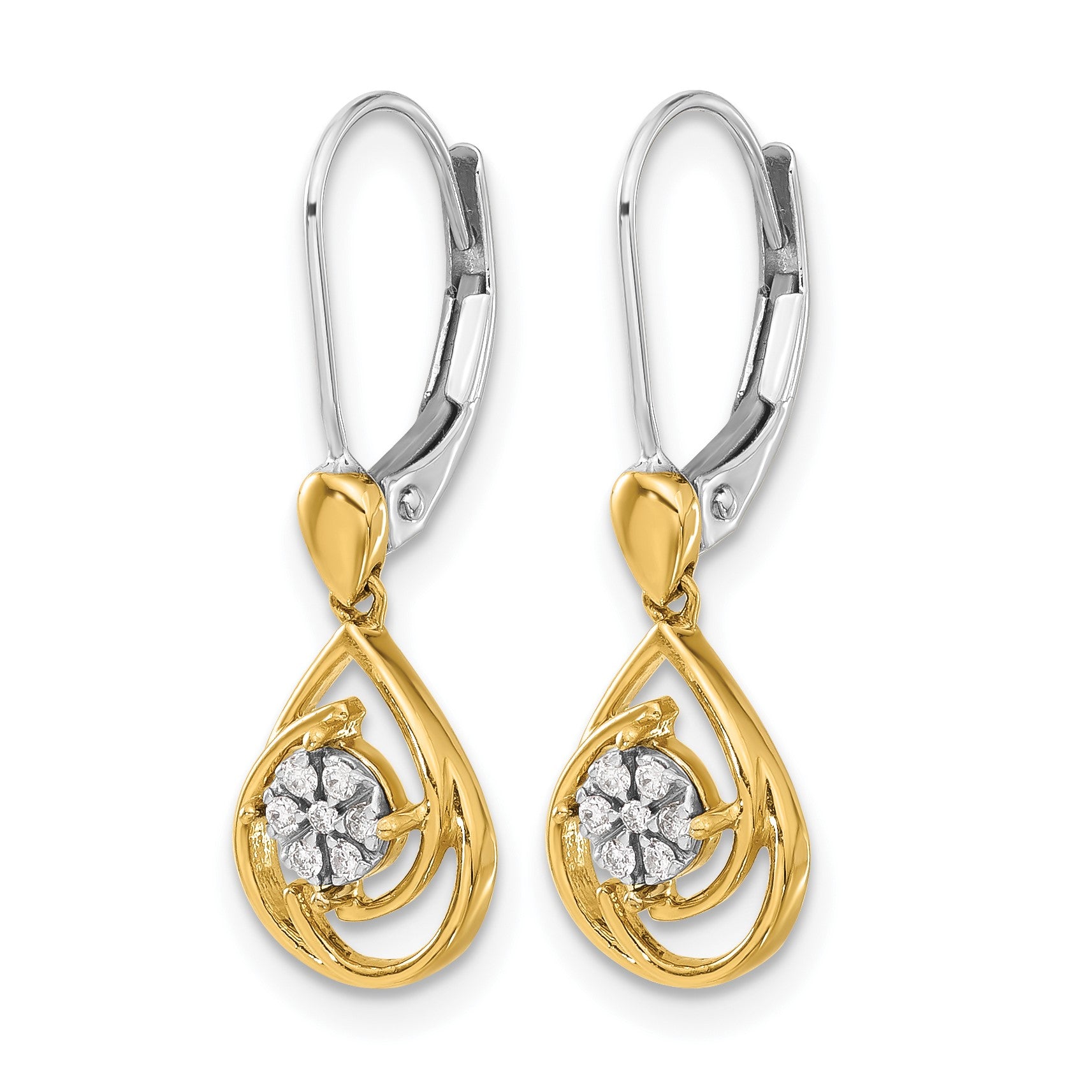 14k Two-tone 1/15 carat Diamond Teardrop Dangle Leverback Earrings