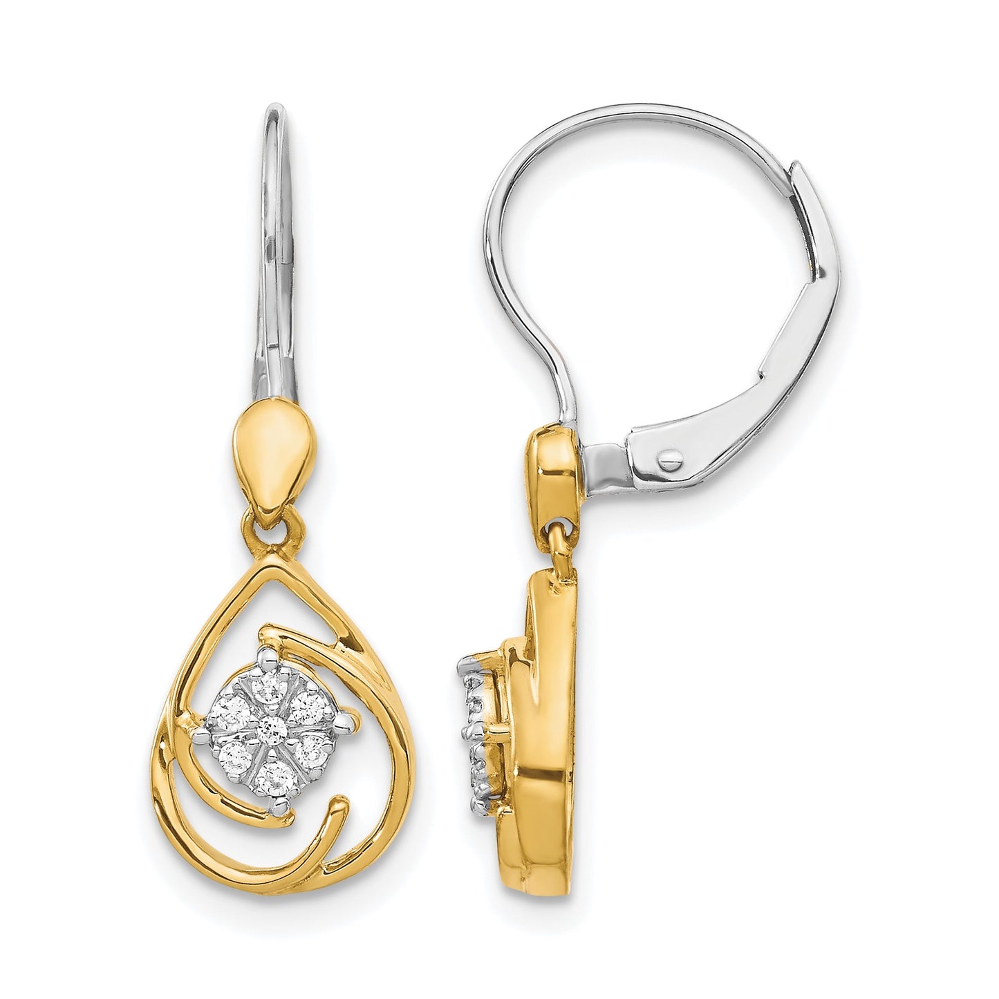 14k Two-tone 1/15 carat Diamond Teardrop Dangle Leverback Earrings