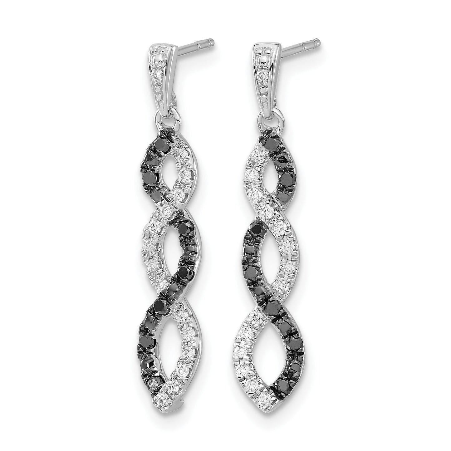 14k White Gold 1/3 carat Black and White Diamond Twisted Dangle Post Earrings
