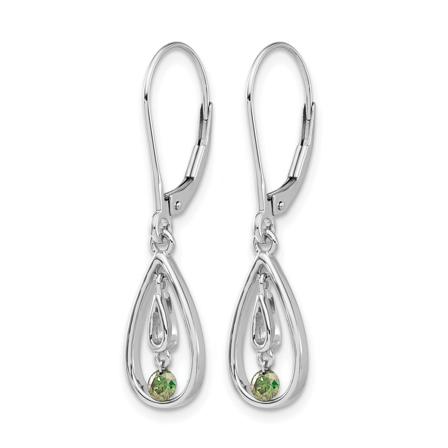 14k White Gold 1/8 carat Green Diamond Teardrop Leverback Earrings
