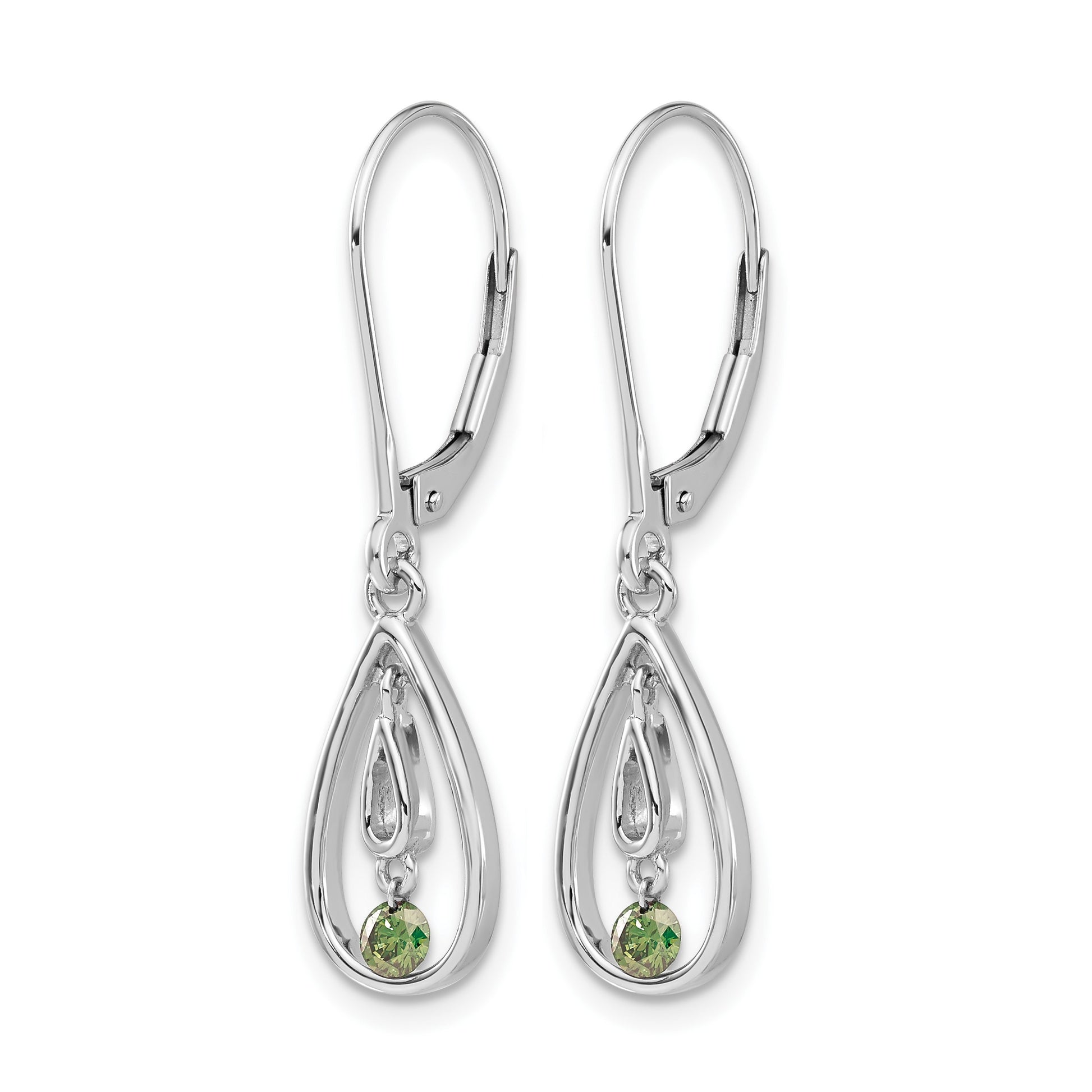 14k White Gold 1/8 carat Green Diamond Teardrop Leverback Earrings