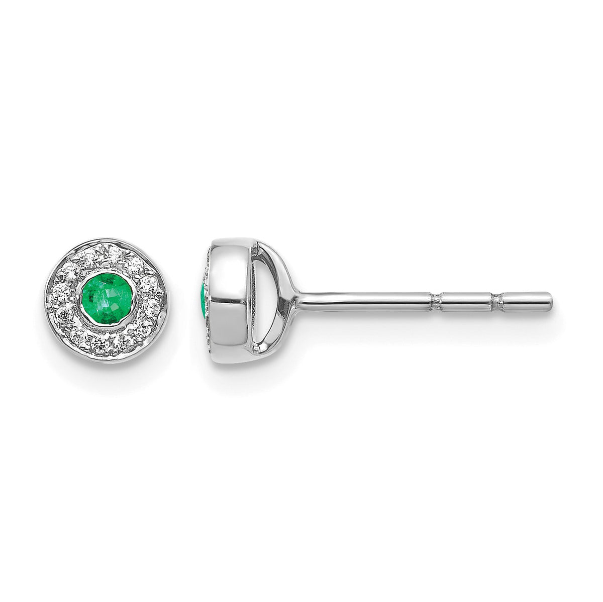 14k White Gold Diamond and 2.3mm Round Emerald Halo Post Earrings