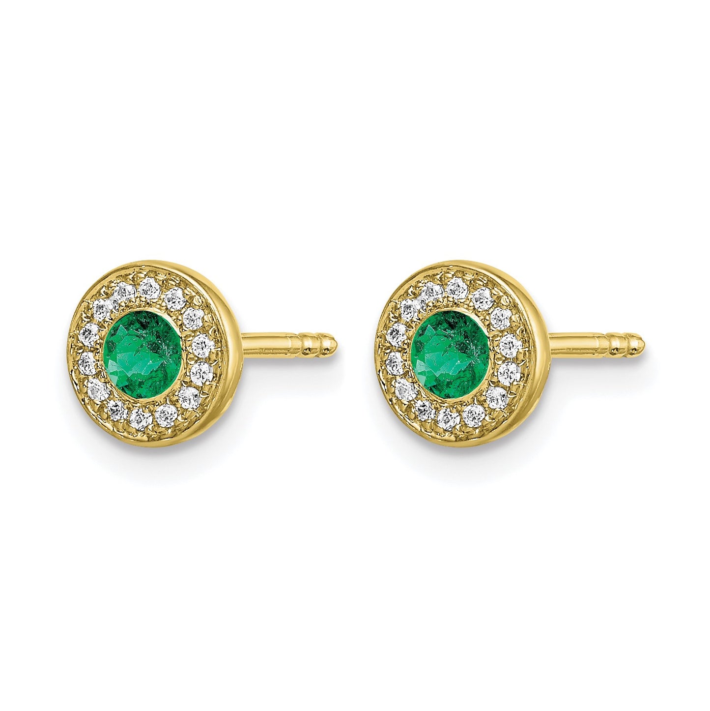 14k 2.8mm Round Emerald and Diamond Halo Post Earrings