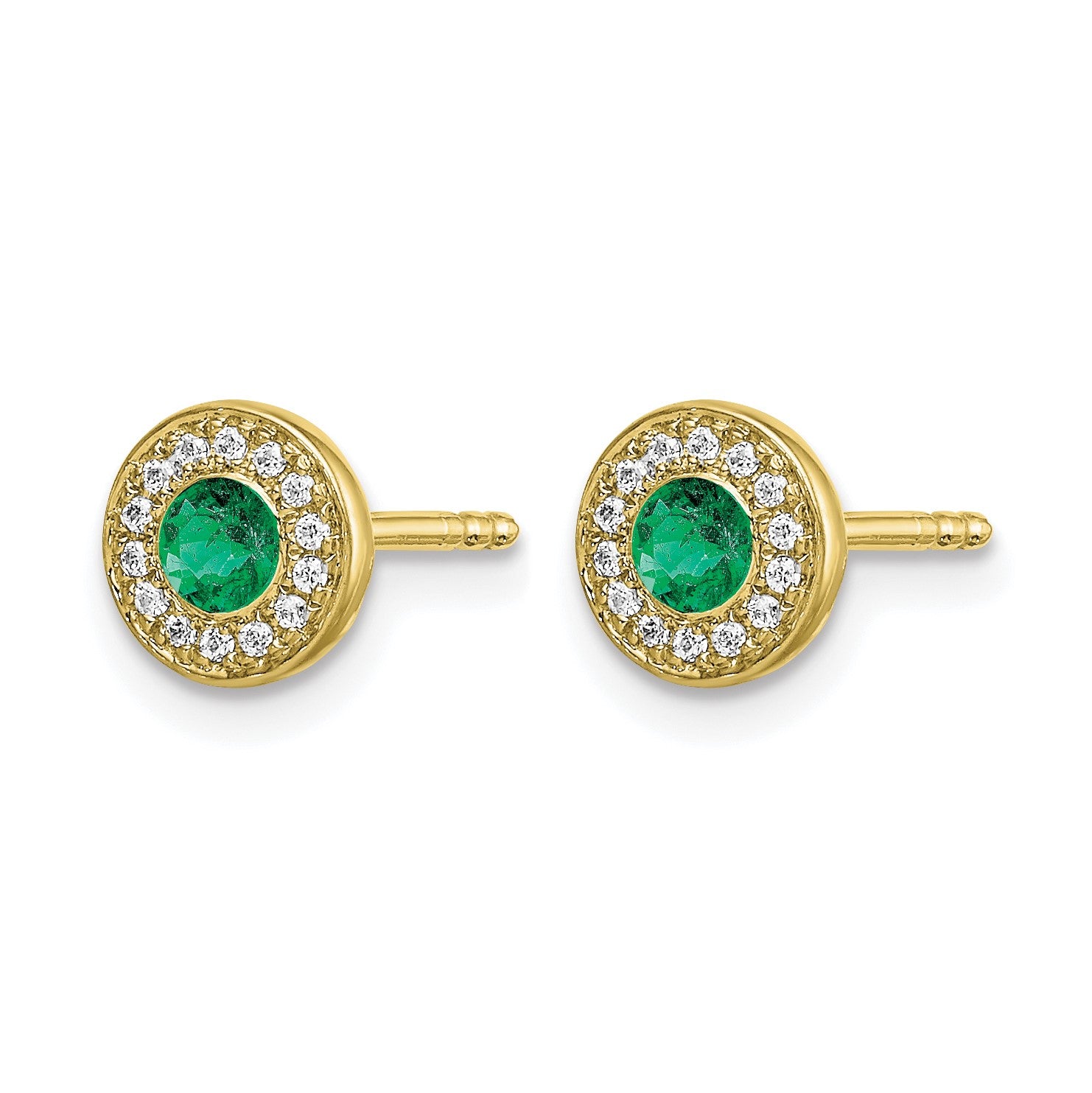 14k 2.8mm Round Emerald and Diamond Halo Post Earrings