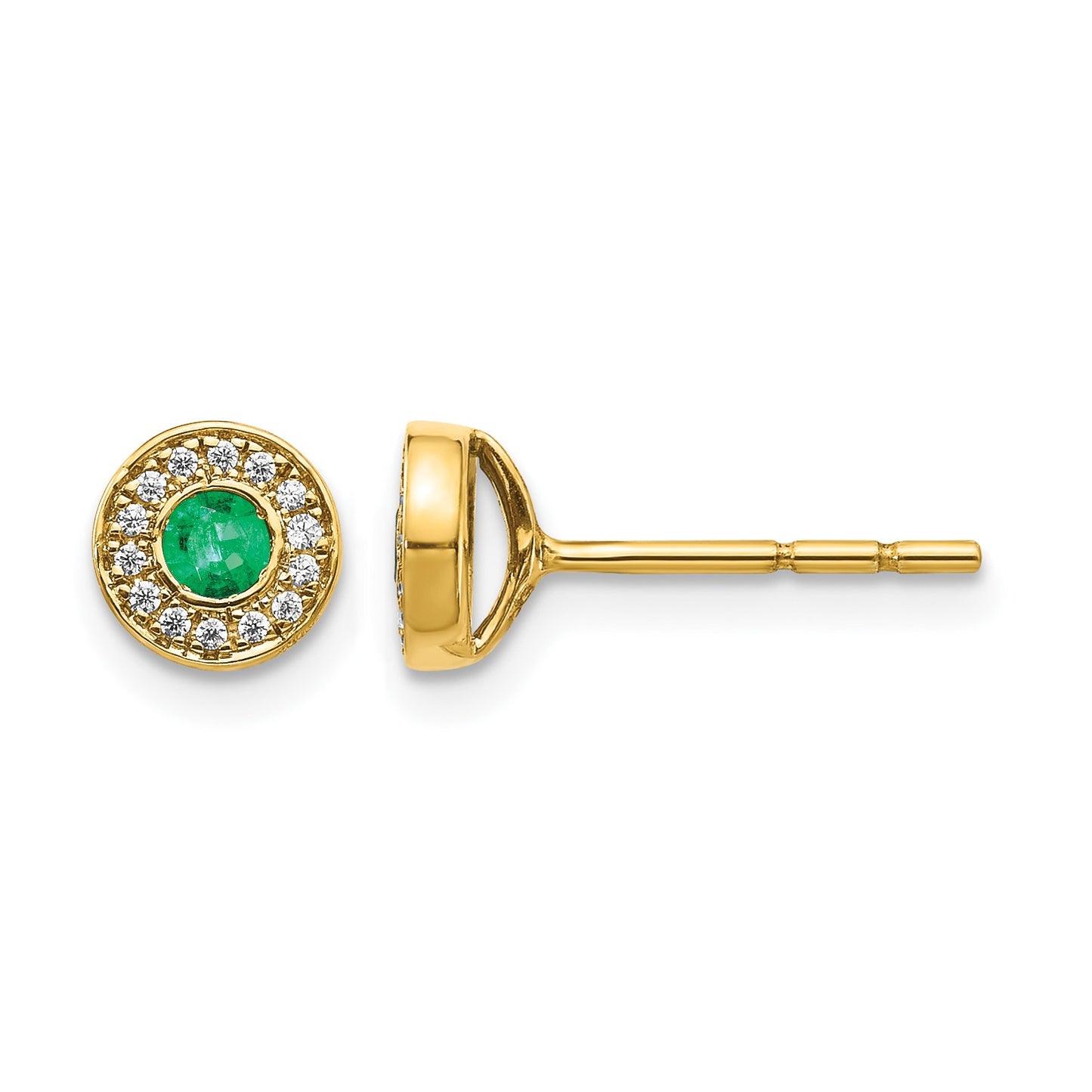 14k 2.8mm Round Emerald and Diamond Halo Post Earrings