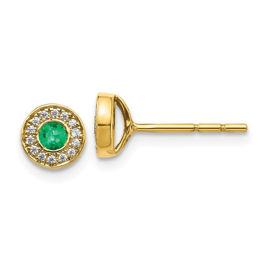 14k Gold Diamond and Emerald Halo Post Earrings